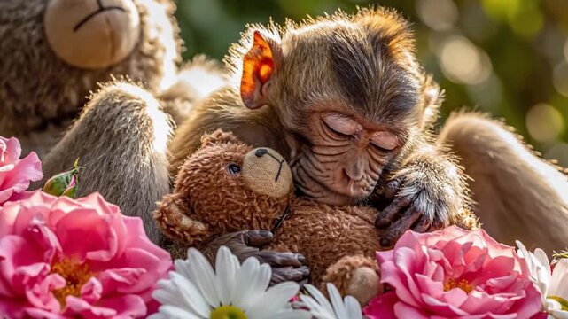 Baby Macaque Sleeping Peacefully While Holding A Small Brown Toy Bear Surrounded By Vibrant Pink Roses And White Daisies In A Garden Sunlight
