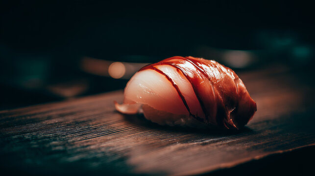 shot of a glazed Anago sea eel sushi at a 45 degree angle on a dark wooden surface. Muted natural color tones and hand-sliced uneven edges. Handcrafted rice with visible grains and handcrafted 
