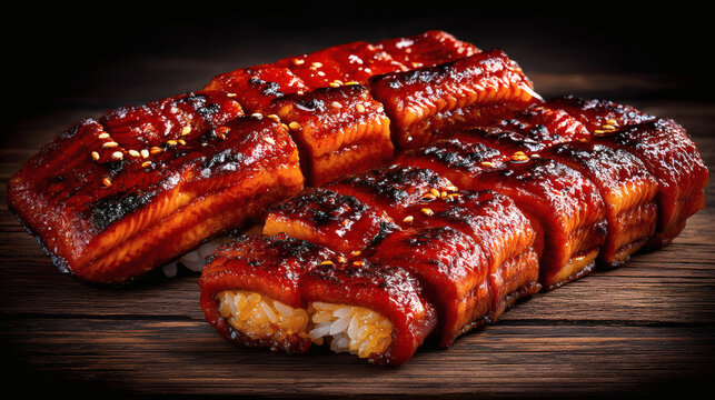 shot of a glazed Anago sea eel sushi at a 45 degree angle on a dark wooden surface. Muted natural color tones and hand-sliced uneven edges. Handcrafted rice with visible grains and handcrafted 