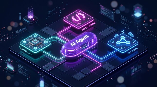 Neon AI chatbot icons, futuristic technology symbols, glowing purple blue connections, digital interface elements