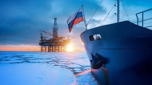 Oil drilling platform and ship with Russian flag in frozen Arctic sea at sunset with ice floes