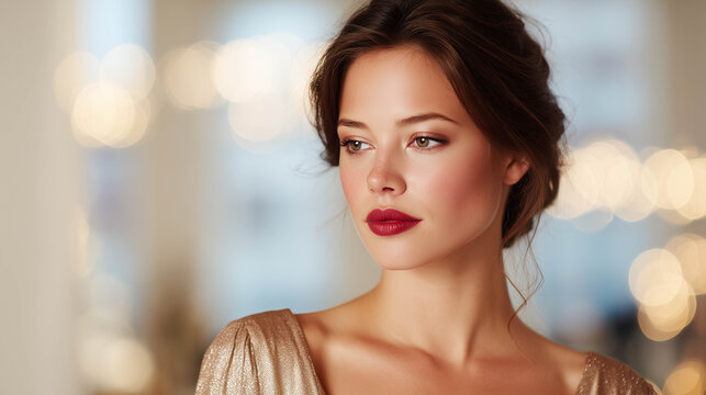A glamorous woman with full evening makeup look, sparkly eyeshadow and red lips, posing under soft studio lights.