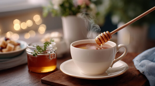 Steaming Tea with Honey Swirling in Warm Cozy Setting