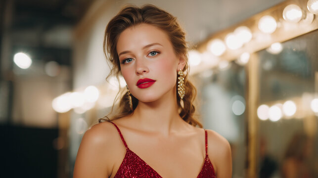 A glamorous woman with full evening makeup look, sparkly eyeshadow and red lips, posing under soft studio lights.