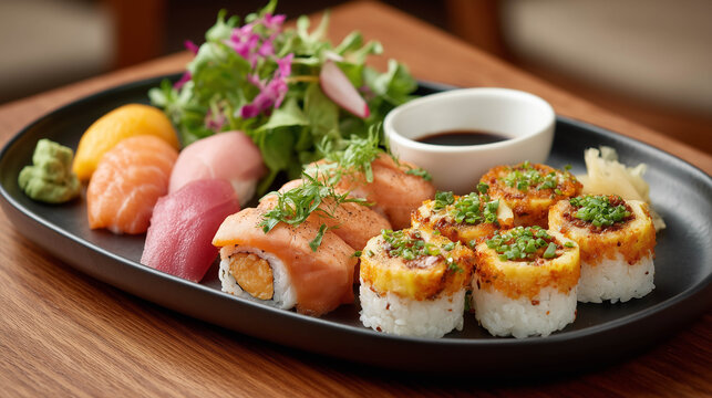 A sushi platter arranged on a matte black ceramic tray, featuring nigiri and colorful rolls with wasabi and ginger.