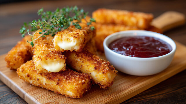 Close-up of breaded cheese sticks on wooden board with sauce. Golden, crispy fried mozzarella sticks with melted cheese inside.