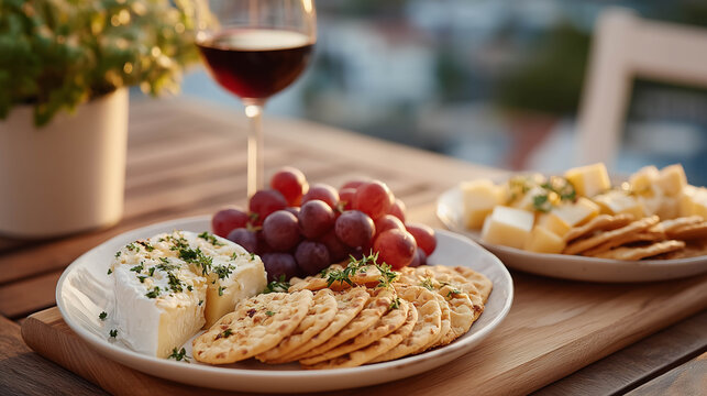 A wine and cheese platter styled for an evening picnic, with red grapes, brie, crackers, and figs on a rustic wooden board.