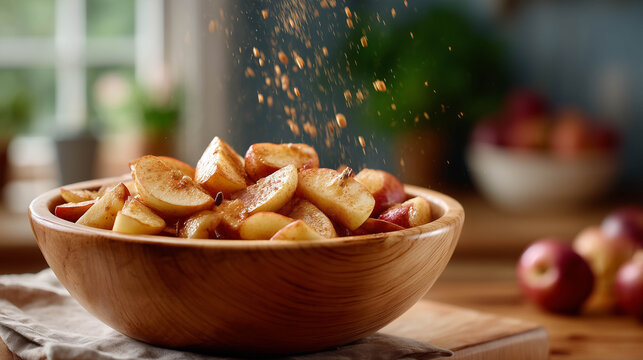 Sprinkling Cinnamon Powder over Sliced Apples in Rustic Kitchen