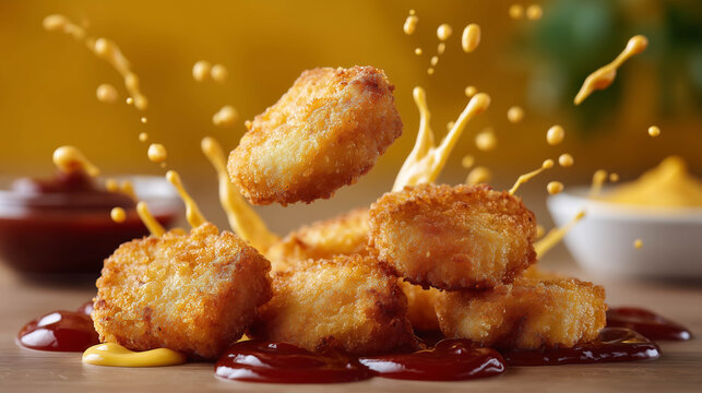 Golden chicken nuggets mid-air surrounded by ketchup and mustard splashes.
