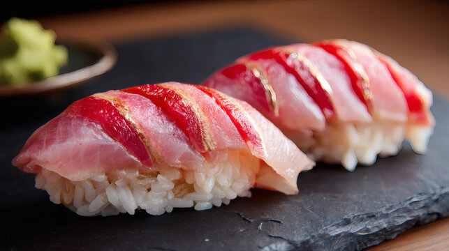 style sushi placed as a single hero piece on refined dark surface, naturally fresh fish with subtle fat marbling and faint translucency at the edges, soft organic texture with delicate fiber 
