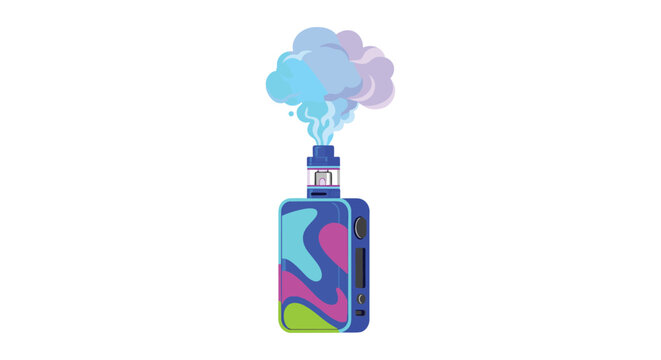 A bright blue electronic vaporizer with a swirling multi-colored marble pattern emits a large pastel cloud against a plain white background in an artistic style.