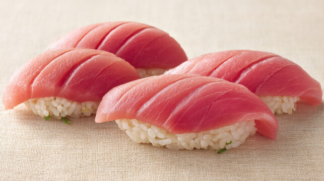 realism style omakase sushi with physically grounded details, naturally fresh fish showing delicate fibers and faint translucency, natural moisture without glossiness, hand formed rice with 