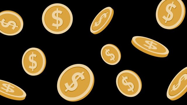 Seamless pattern of coins with dollar signs falling on a black background animation