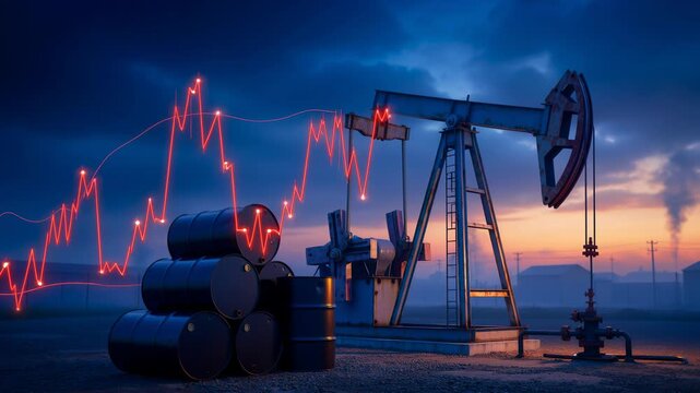 Oil pumpjack and barrels at sunset with rising market graph representing energy industry growth