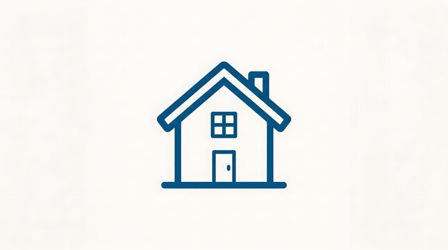 Simple blue outline icon of a house with a chimney, window, and door, isolated on a white background. 