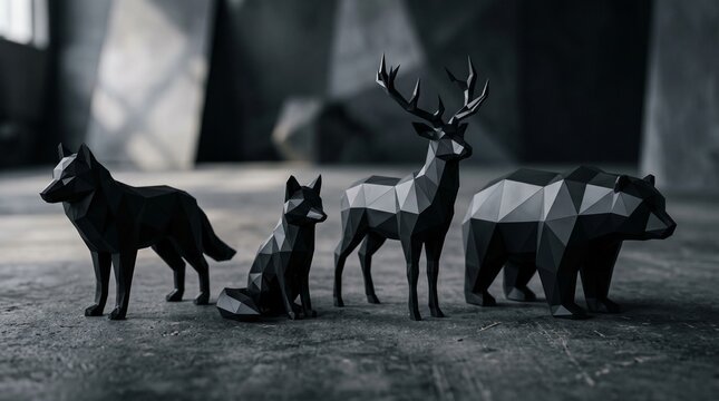 Geometric black animal sculptures of wolf fox deer bear with modern art