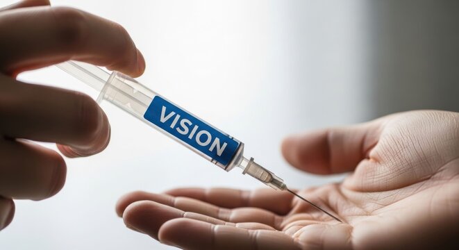 Syringe labeled VISION being passed between two hands symbolizing the transfer of ideas or foresight.