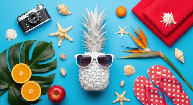 Tropical Summer Vacation Flat Lay with Pineapple and Beach Essentials.
