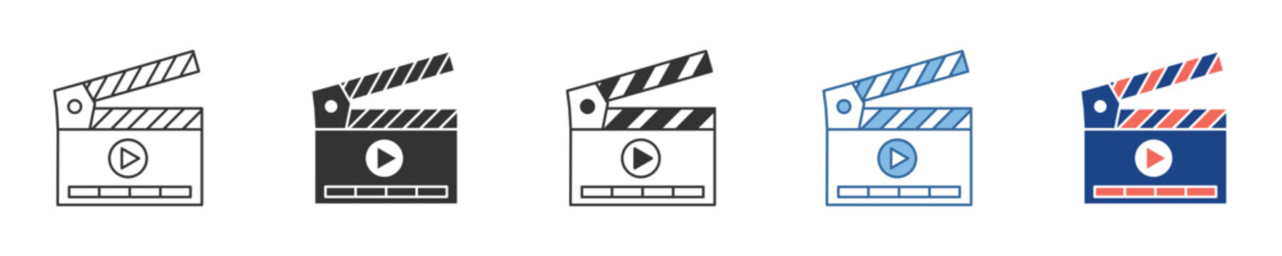 A versatile collection of modern clapperboard icons featuring integrated play symbols, perfect for video production, film editing, and media playback interface designs
