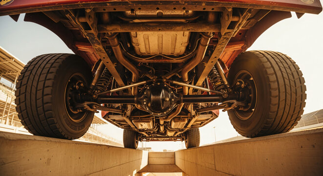 Low angle view of the chassis and suspension of a large truck