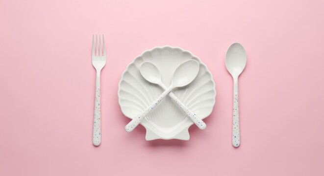 White Shell Plate with Spoons and Fork on Pink Background.