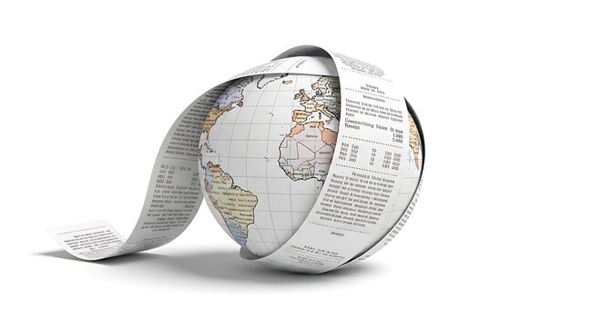 Paper receipt texture forming earth globe shape with continent maps and lists of data on white background representing global commerce art.