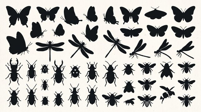 Silhouettes of various insects and butterflies with black and white, animal life