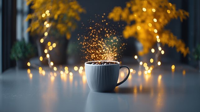 Magical Coffee Cup with Sparkling Particles and Warm Bokeh Lights