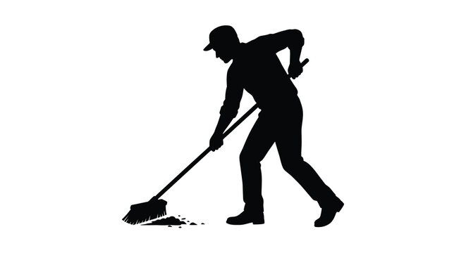 Man sweeping with a broom side view black silhouette