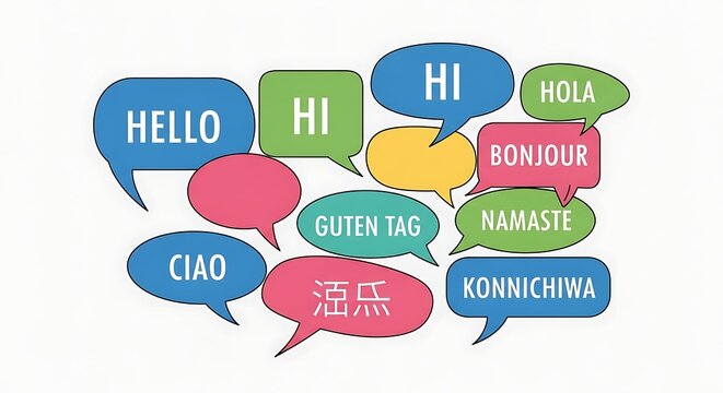 Colorful illustration of various greetings in different languages on speech bubbles isolated on white background