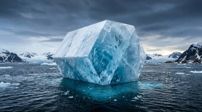 Large blue iceberg floating in ocean.