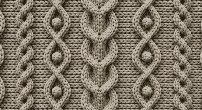 Closeup of beige knitted fabric with intricate cable knit pattern