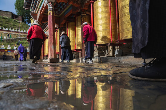 Pilgrims walking around Prayer Wheels
Tagong, Sichuan Province, Kham Tibet,