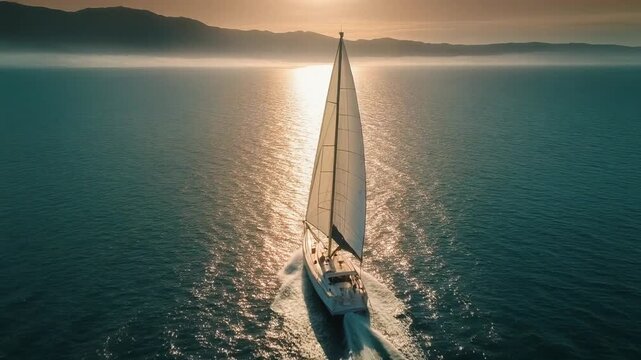Sailboat journeying across tranquil ocean waters at sunset, an aerial view near a misty coast.