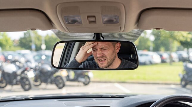 Stressed driver holding head in pain reflected in car rearview mirror, traffic stress or headache concept