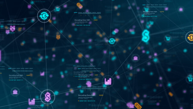 Colorful fintech network background with glowing currency icons, shopping cart, analytics chart, and connected data nodes for marketing presentation design.