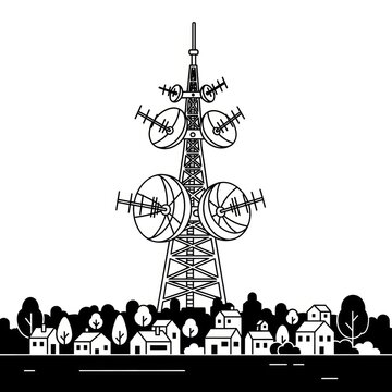Black and white illustration depicting a communication tower over a small town