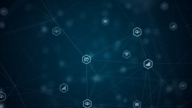 Digital technology network with cloud icons, connected data nodes, and abstract interface lines for enterprise infrastructure and software presentation backgrounds.