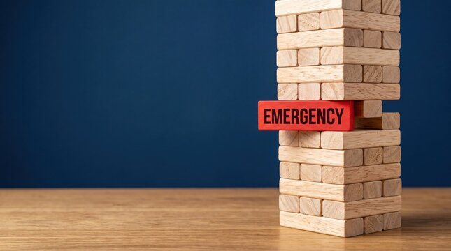 Red emergency block in Jenga tower symbolizing risk management, crisis preparedness and business stability warning concept against blue background.