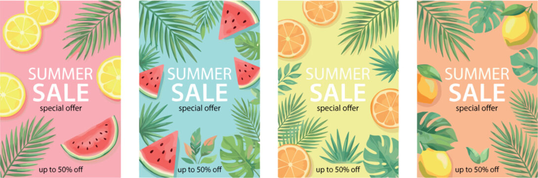 Summer sale flyer collection with tropical fruits palm leaves and colorful seasonal promotional poster templates
