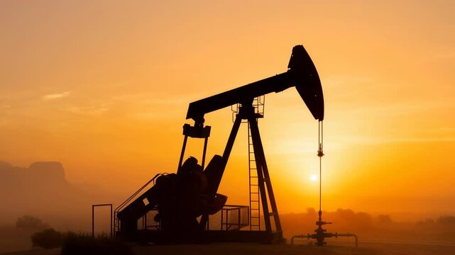 Silhouette of an oil pump jack operating at sunset with warm orange sky in an industrial landscape
