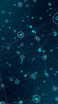 Vertical digital network technology background with connected icons, cloud computing and data visualization for cybersecurity, mobile marketing and business presentations.