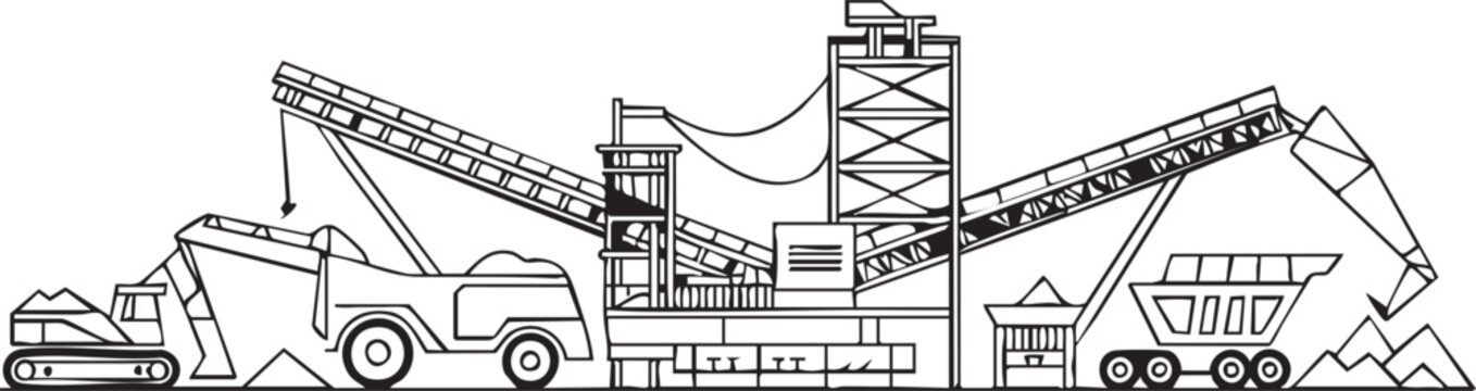 Industrial rock crushing machine and heavy machinery working on a construction site to process stones for various building material projects