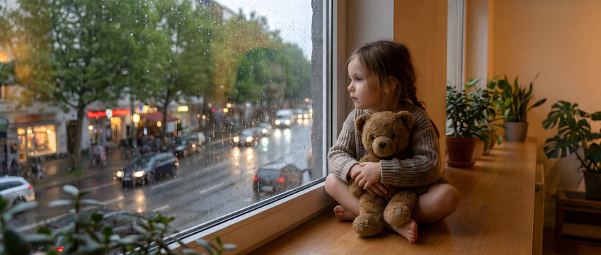 A young girl sits by the window holding a teddy bear while watching rainy street scenery
