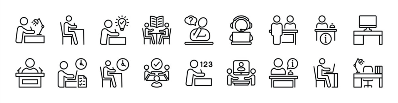 Study desk thin line icon set. Contains learning, training, thinking, customer service table, classroom, homework, study group, deadline, computer, workspace, receptionist. Vector illustration