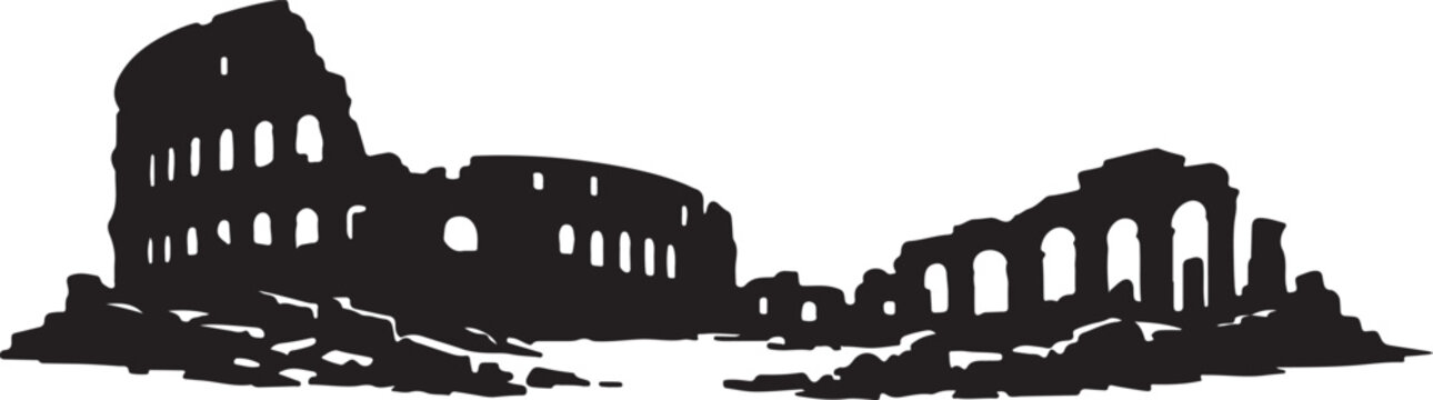 Amphitheater and ancient Roman stadium ruins in classic architectural silhouette style