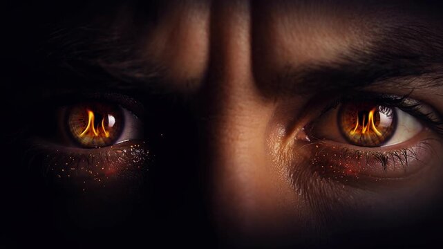 Close up of intense human eyes with fiery reflections glowing in a dark dramatic setting