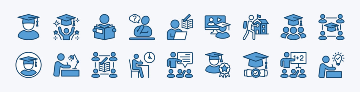 Set of student icon. Contains graduation cap, study, education, diploma, thinking, e-learning, training, group, desk, deadline, school, university, class, profil, homework, test - vector illustration