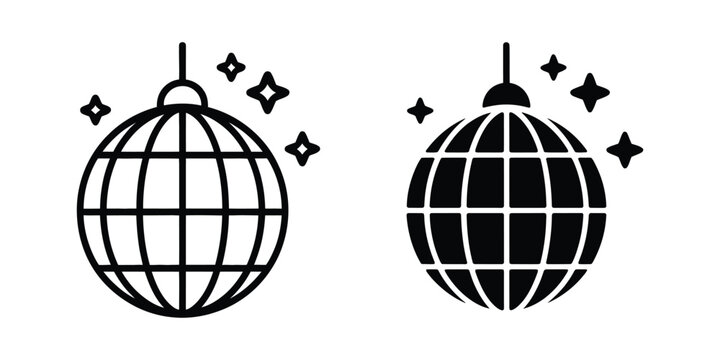 Mirror ball icon, disco ball vector illustration with stroke and fill style for party lighting, music event, and entertainment design concepts.
