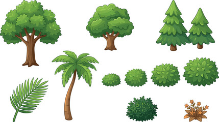 Cartoon tree and bush collection with tropical plants forest foliage and nature landscape vector elements © Jesika!